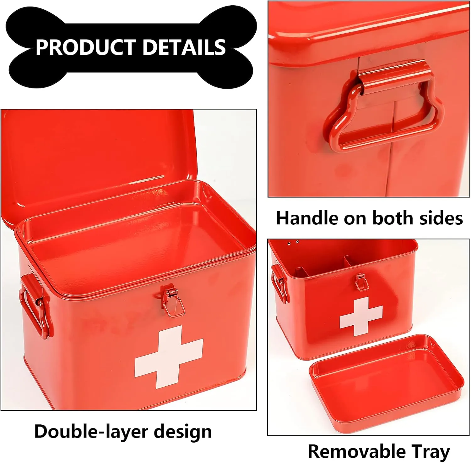 First Aid Kit, First Aid Medicine Supplies Bin - 2-Tier Metal Medicine Storage Tin, Samll First Aid Box with Removable Tray for Home & Workplace Emergency Tool Set - Red