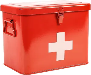 First Aid Kit, First Aid Medicine Supplies Bin - 2-Tier Metal Medicine Storage Tin, Samll First Aid Box with Removable Tray for Home & Workplace Emergency Tool Set - Red