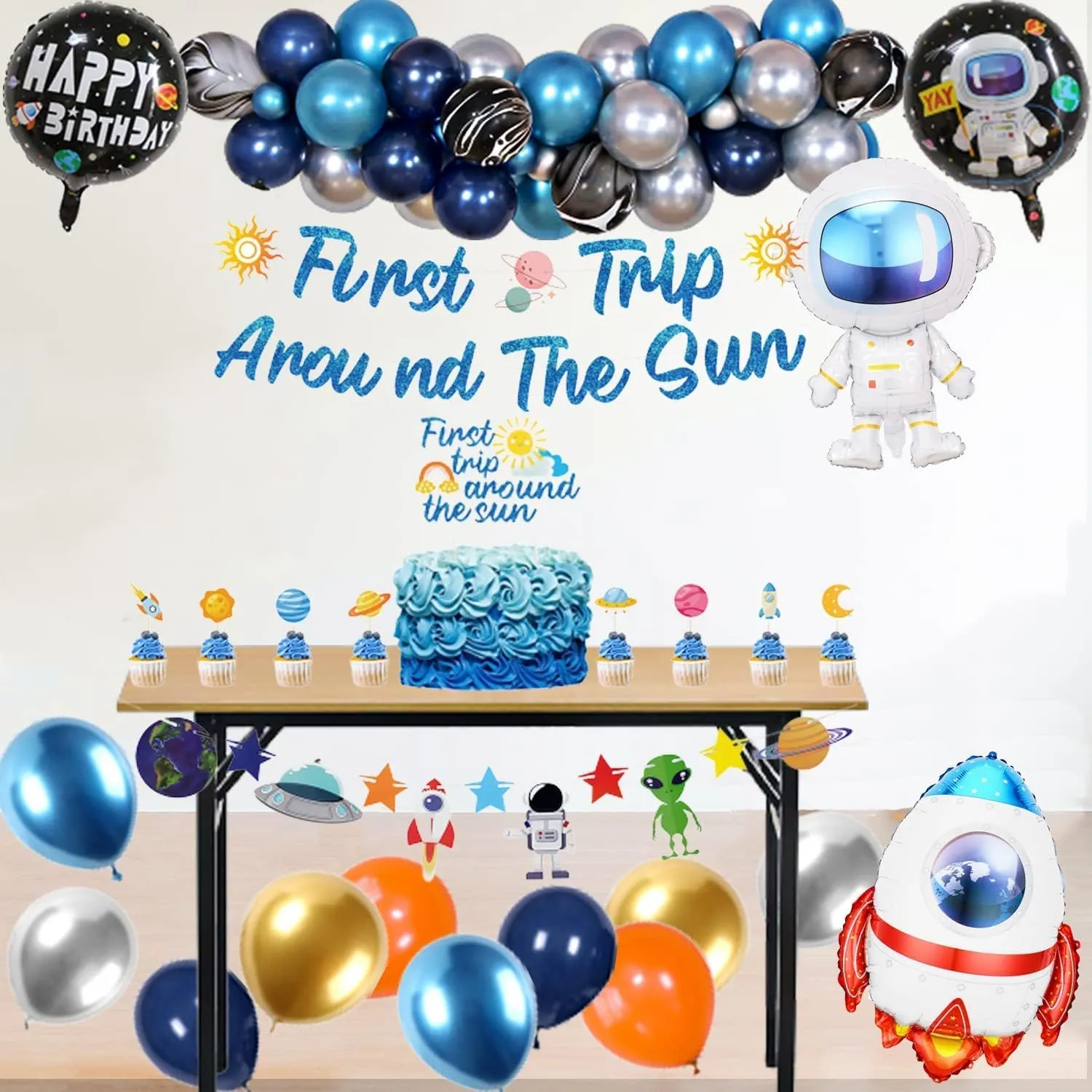 First Trip Around The Sun Birthday Decorations Space Party Balloons Arch Garland with Banner Inflatable Astronaut Rocket Balloon Boy 1st Birthday Backdrop Room Decor