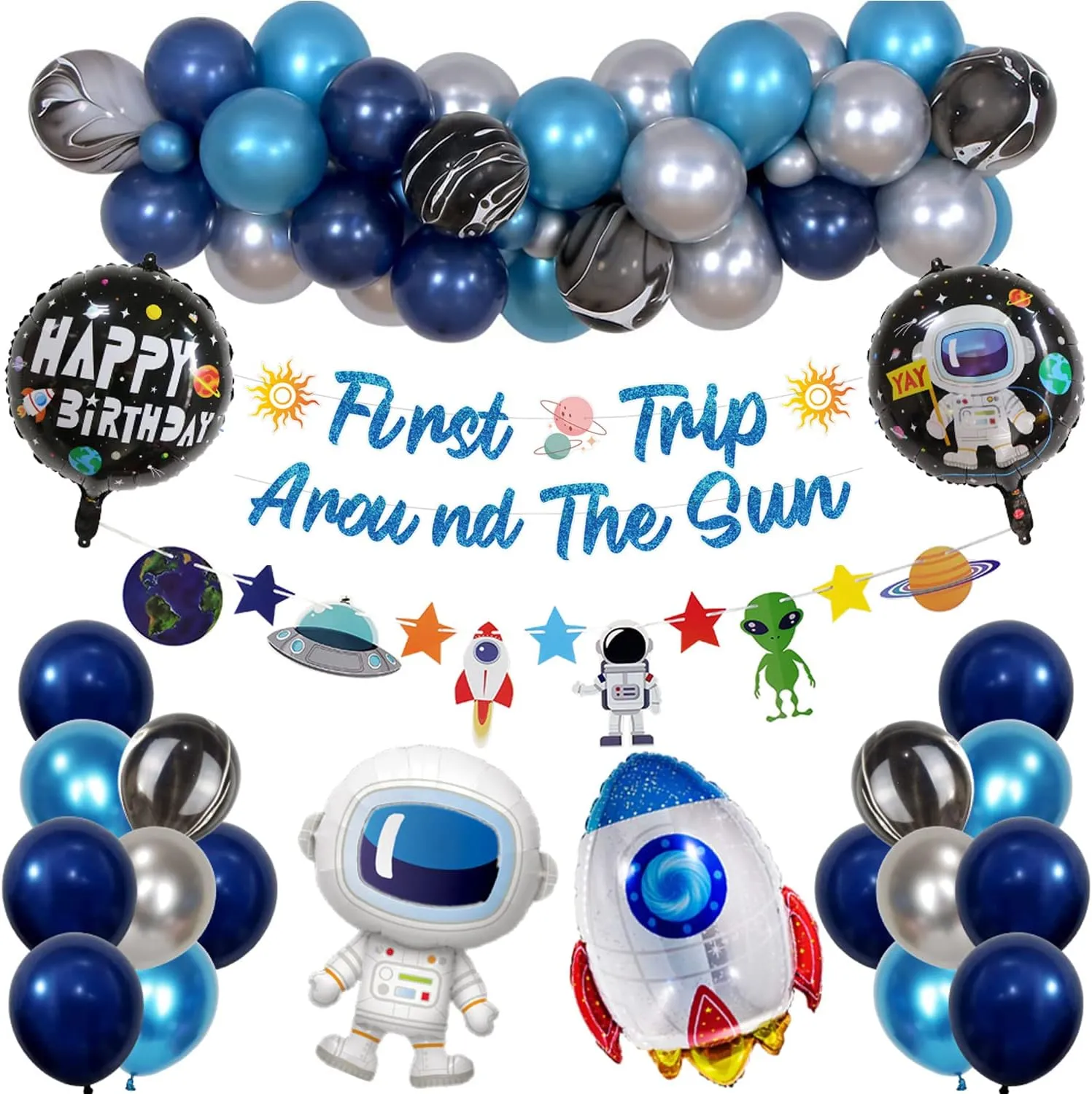 First Trip Around The Sun Birthday Decorations Space Party Balloons Arch Garland with Banner Inflatable Astronaut Rocket Balloon Boy 1st Birthday Backdrop Room Decor