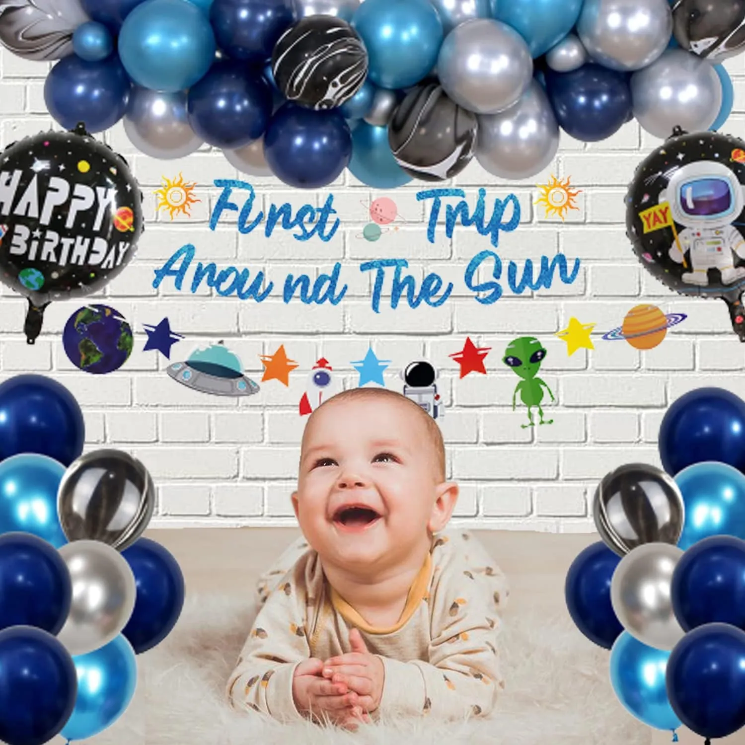 First Trip Around The Sun Birthday Decorations Space Party Balloons Arch Garland with Banner Inflatable Astronaut Rocket Balloon Boy 1st Birthday Backdrop Room Decor
