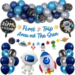 First Trip Around The Sun Birthday Decorations Space Party Balloons Arch Garland with Banner Inflatable Astronaut Rocket Balloon Boy 1st Birthday Backdrop Room Decor