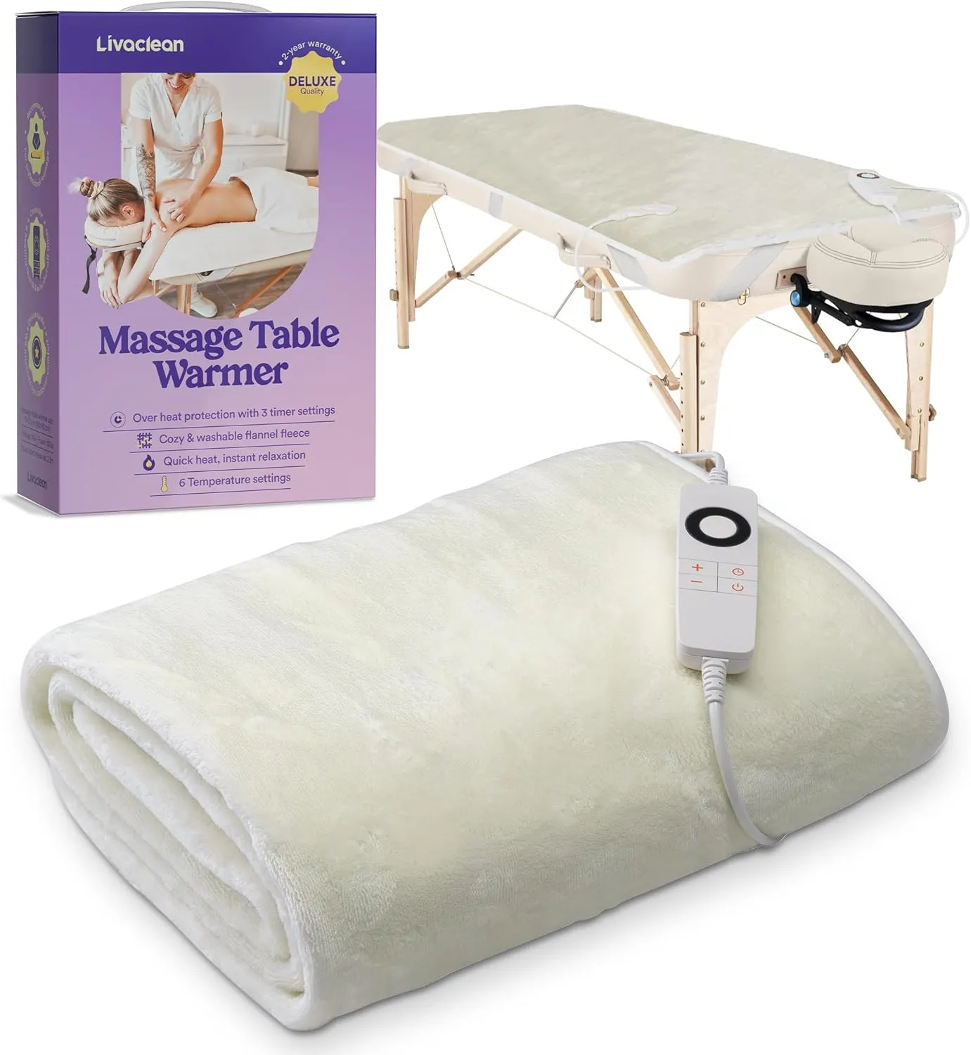 Flannel Massage Table Warmer w/ 6 Temperature Settings (71" x 31.5”) LivaClean Fleece Massage Table Warmer Heating Pad Blanket, Electric Heated Blanket, 2-Year Replacement Guarantee