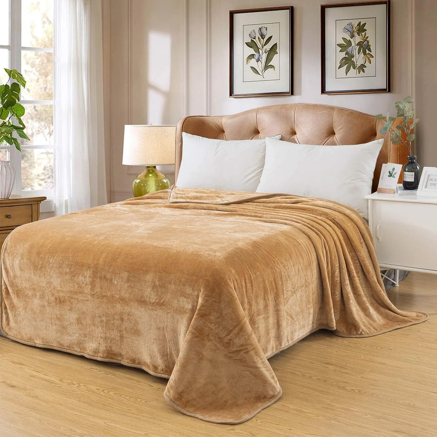 Fleece Blanket Queen Size 350GSM Lightweight Throw for The Bed Extra Soft Brush Fabric Super Warm Sofa Blanket 90" x 90"(Camel Queen)