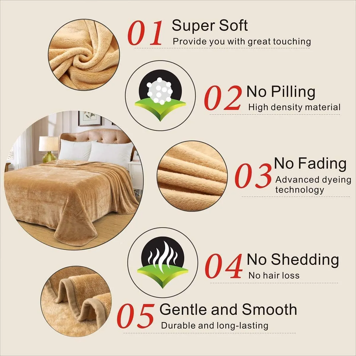 Fleece Blanket Queen Size 350GSM Lightweight Throw for The Bed Extra Soft Brush Fabric Super Warm Sofa Blanket 90" x 90"(Camel Queen)
