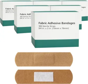 Flexible Fabric Adhesive Bandages, Fabric Strip, 3/4 in x 3 in, 600 Sterile Bandages for First Aid Kit Wound Care & Protection, 6 Boxes