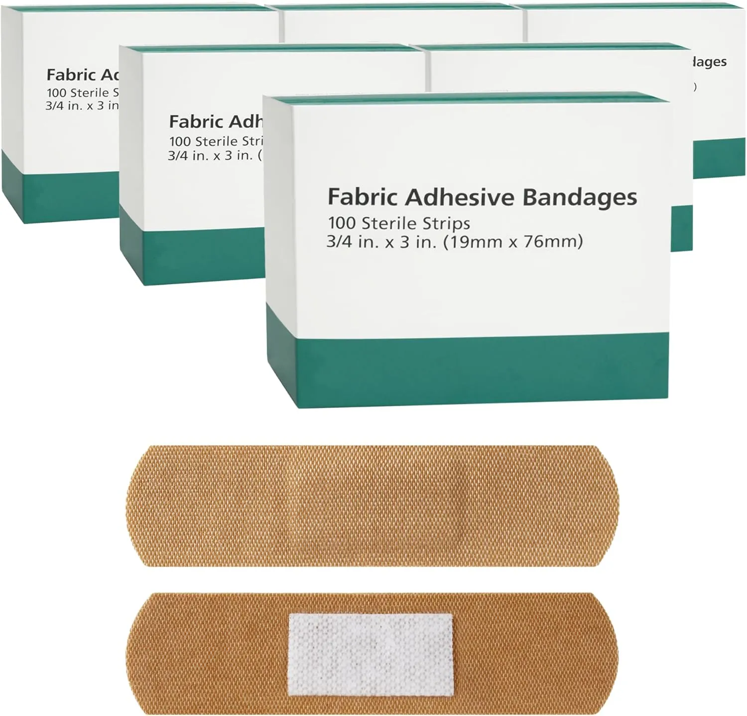 Flexible Fabric Adhesive Bandages, Fabric Strip, 3/4 in x 3 in, 600 Sterile Bandages for First Aid Kit Wound Care & Protection, 6 Boxes