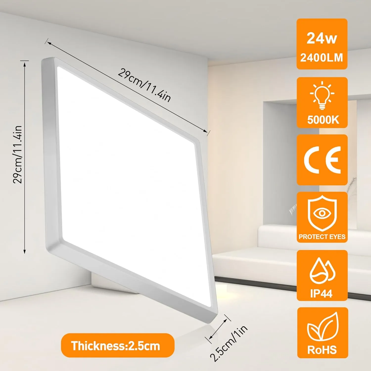 Flush Mount Motion Sensor Ceiling Light Wired, 12 Inch Motion Sensor Light Indoor, 24W Square Radar Motion Ceiling Light 5000K, Motion Activated Light for Hallway Stair Porch Covered Patio