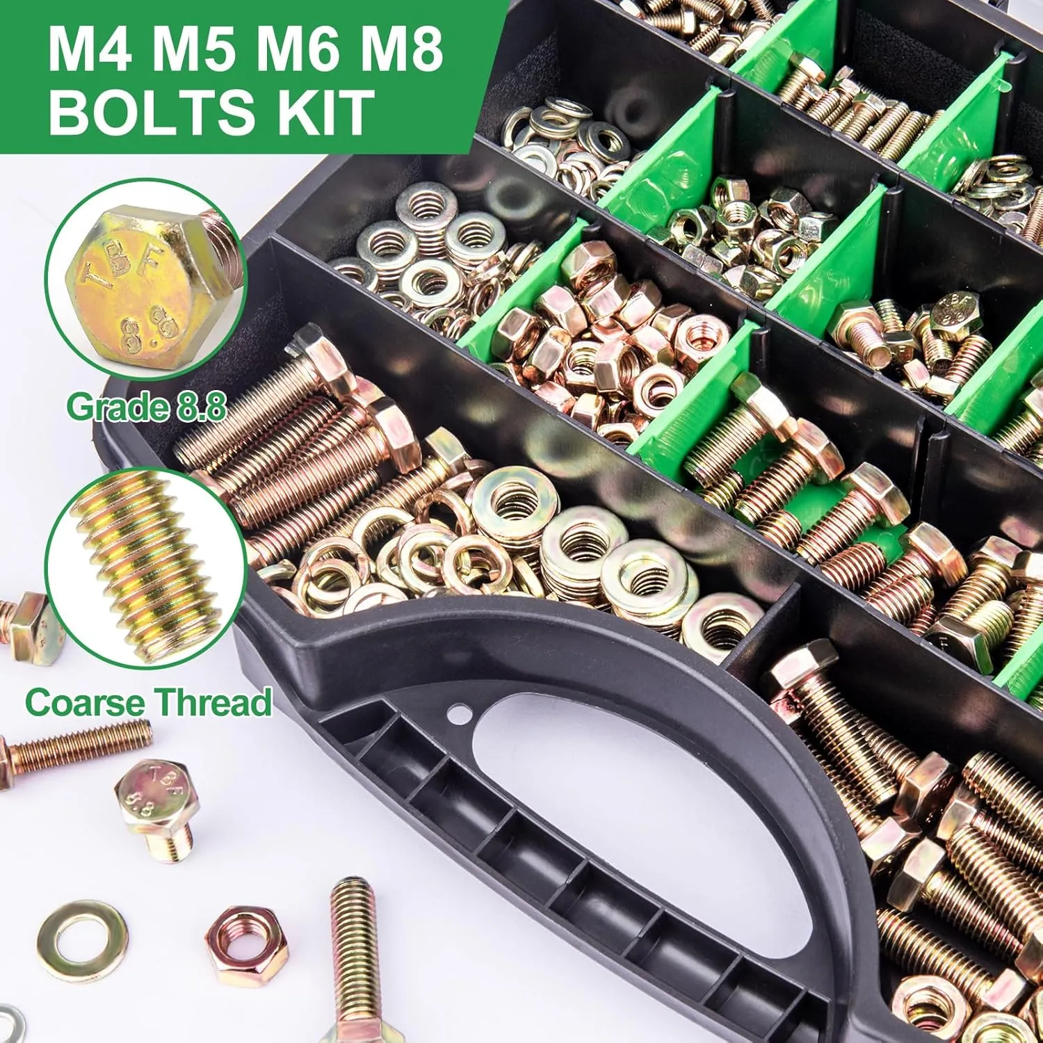 FOLIV 907pcs Grade 8.8 Metric Bolt Assortment, M4 M5 M6 M8 Heavy Duty Bolts and Nuts Kit, Yellow Zinc Plated, Length from 12-30mm