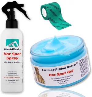 Forticept Hot Spot Treatment and Wound Care Kit for Dogs&Cats |Hotspot Wound Wash Spray 8oz   Wound Care Ointment 4oz   2" 5 Yards Wound and Paw Bandage Wrap | First Aid Kit