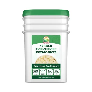 Freeze Dried Diced Potatoes 10-Bag Bucket, 64 Oz | Premium Emergency Food Supply 25 Year Shelf Life | Prepper Supplies, Survival Food, Off Grid Living Supplies | Valley Food Storage Packaged in USA