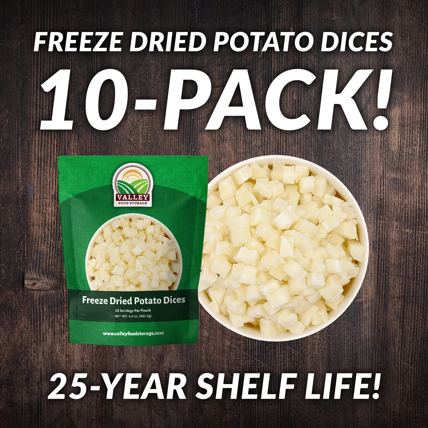 Freeze Dried Diced Potatoes 10-Bag Bucket, 64 Oz | Premium Emergency Food Supply 25 Year Shelf Life | Prepper Supplies, Survival Food, Off Grid Living Supplies | Valley Food Storage Packaged in USA