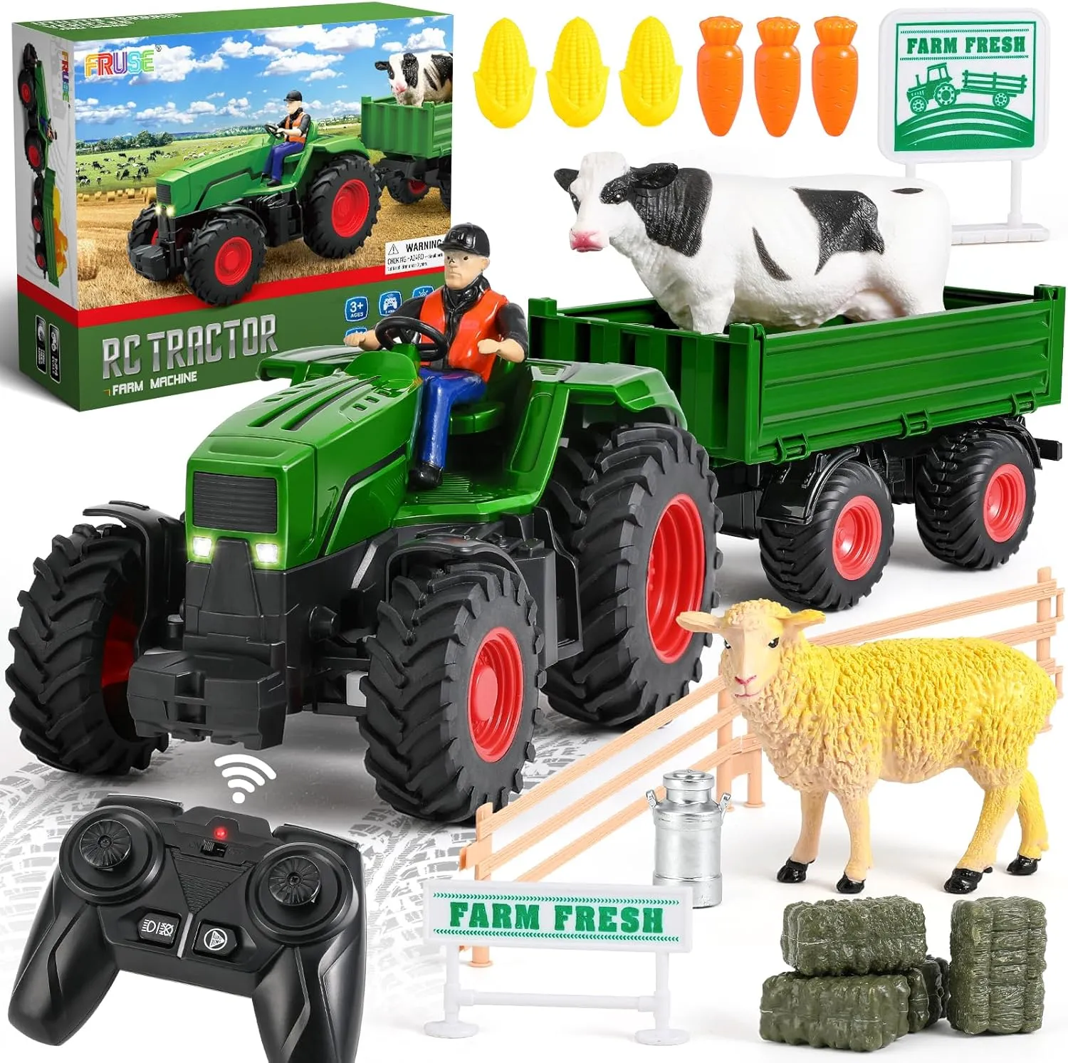 FRUSE Remote Control Tractor Toy,RC Tractor Set & Truck and Trailer,Tractor Toy with 2 Rechargeable Batteries,Light,Farm Toys Include Cows,Sheep and Hay Bales,Toys for 3 4 5 6 7 8 Years Old Boys Girls