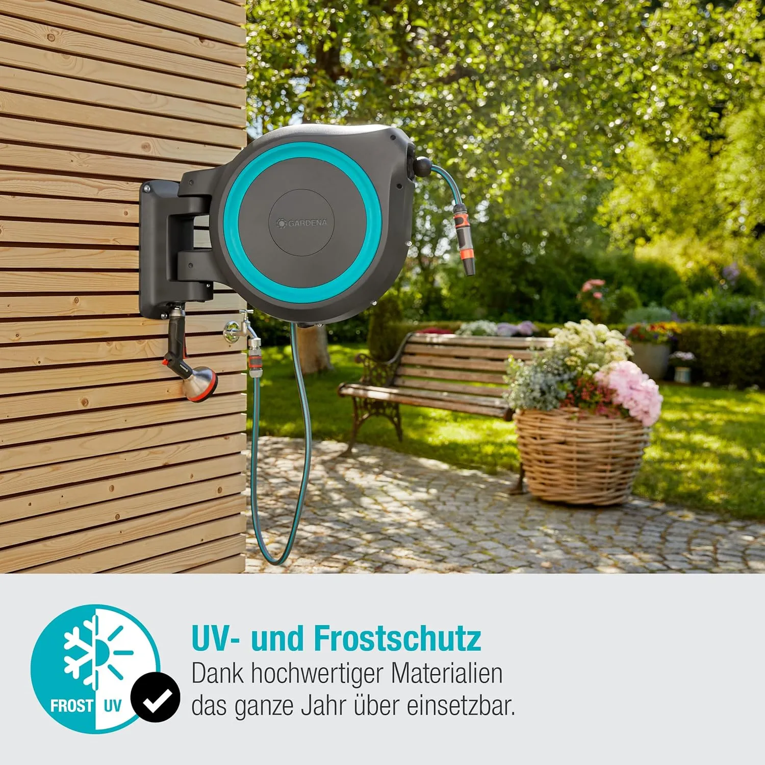 Gardena Wall-Mounted Hose Box RollUp XL (turquoise) 35 m: Versatile watering system for large gardens, swivel hose box, including 35 m Gardena hose and mounting kit (18630-20)