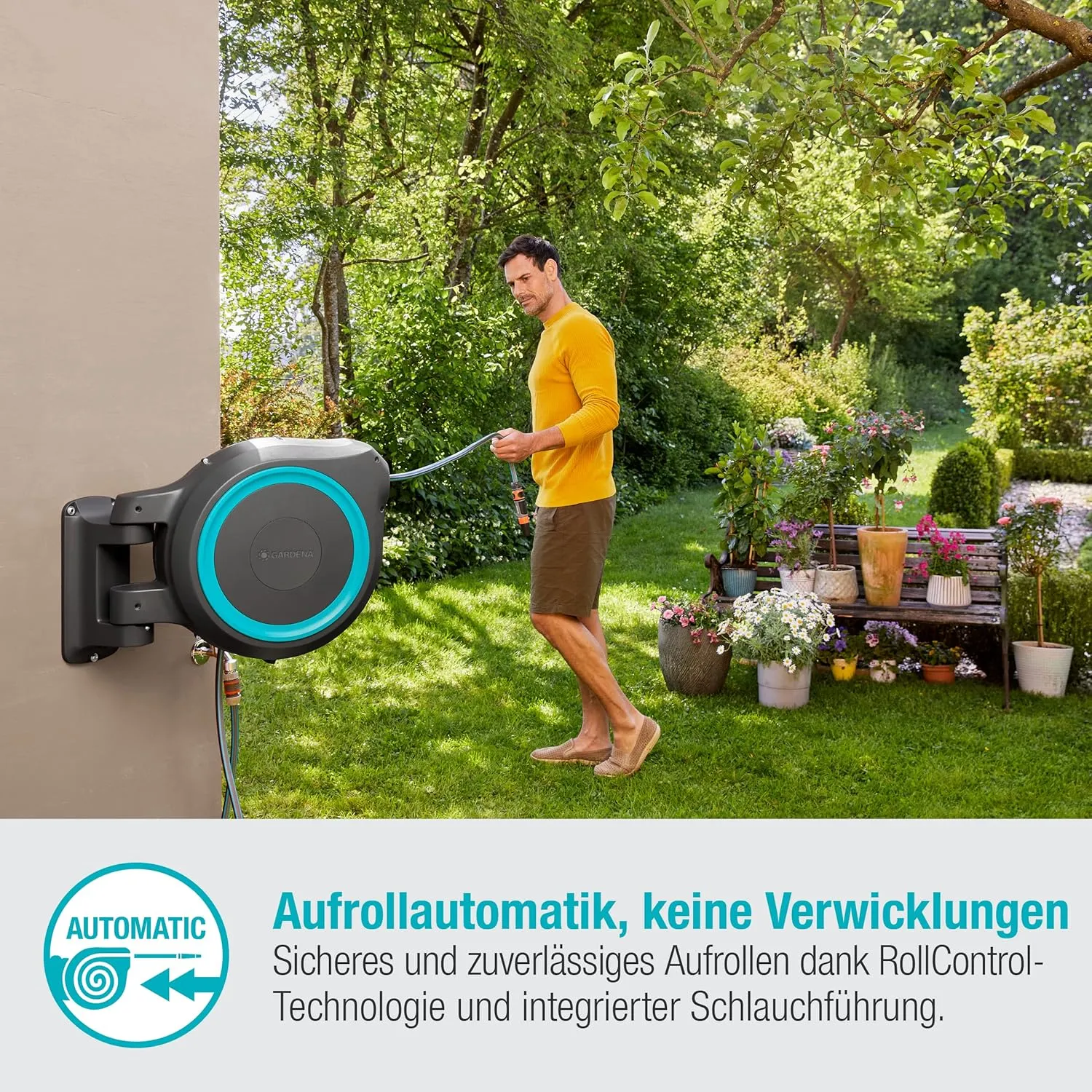 Gardena Wall-Mounted Hose Box RollUp XL (turquoise) 35 m: Versatile watering system for large gardens, swivel hose box, including 35 m Gardena hose and mounting kit (18630-20)