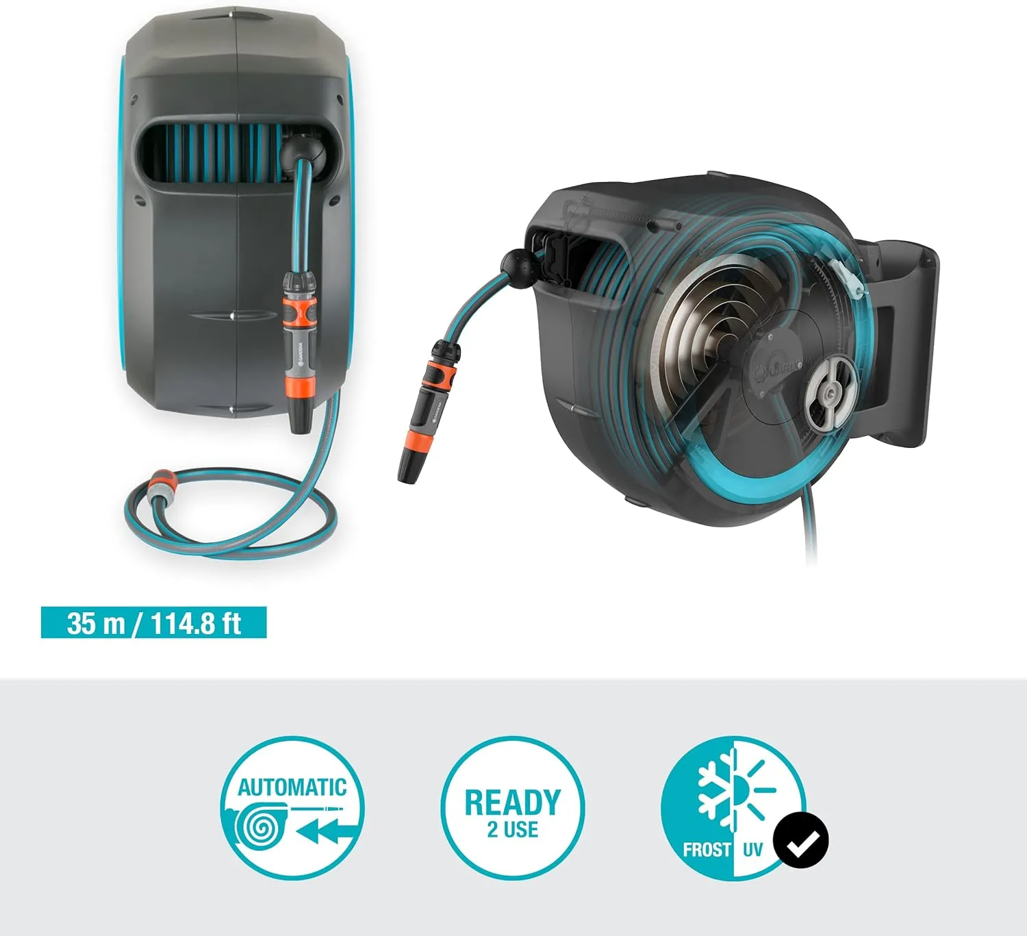 Gardena Wall-Mounted Hose Box RollUp XL (turquoise) 35 m: Versatile watering system for large gardens, swivel hose box, including 35 m Gardena hose and mounting kit (18630-20)