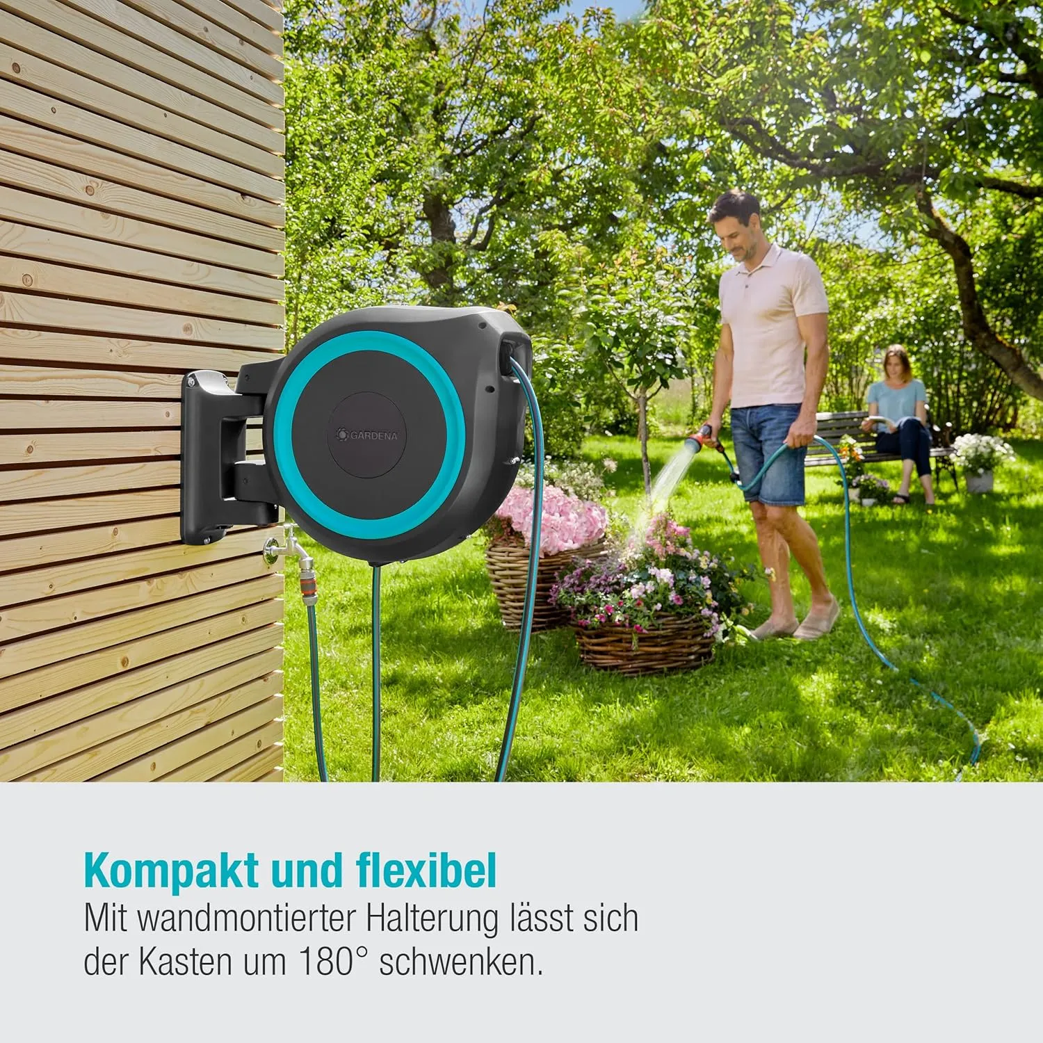 Gardena Wall-Mounted Hose Box RollUp XL (turquoise) 35 m: Versatile watering system for large gardens, swivel hose box, including 35 m Gardena hose and mounting kit (18630-20)