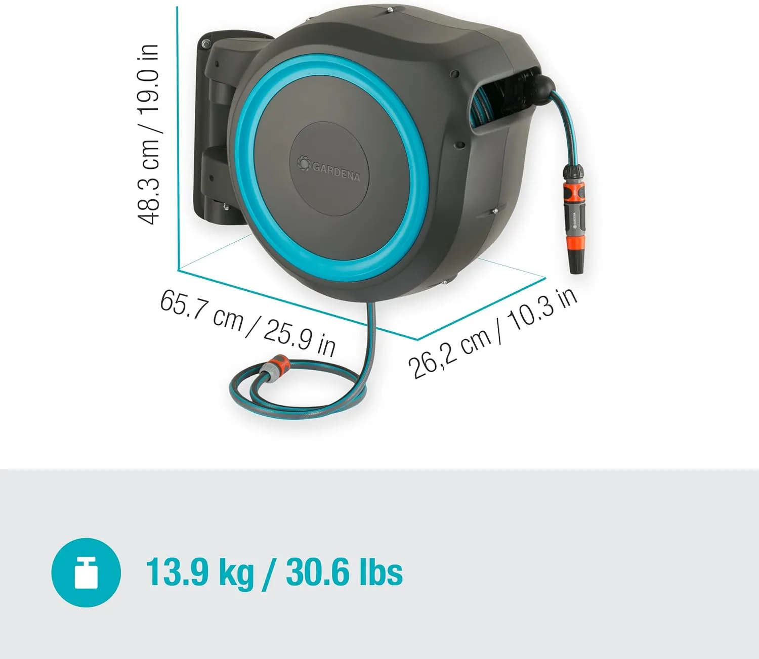 Gardena Wall-Mounted Hose Box RollUp XL (turquoise) 35 m: Versatile watering system for large gardens, swivel hose box, including 35 m Gardena hose and mounting kit (18630-20)