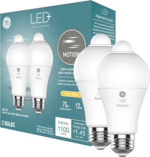 GE LED  Motion Sensor LED Light Bulbs, 12W, Outdoor Security Lights, A21, Warm White (2 Pack)
