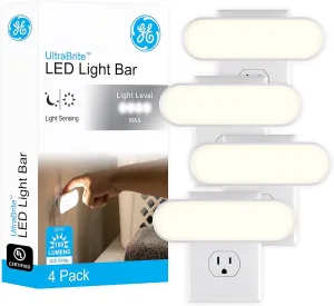 GE Ultrabrite LED Light Bar Night Light, 100 Lumens, 4 Pack, Dusk-to-Dawn Sensor, Auto/On/Off Switch, Plug-in, Ideal for Dark Spaces, Bedroom, Bathroom, Kitchen, Hallway, Garage, White, 62459