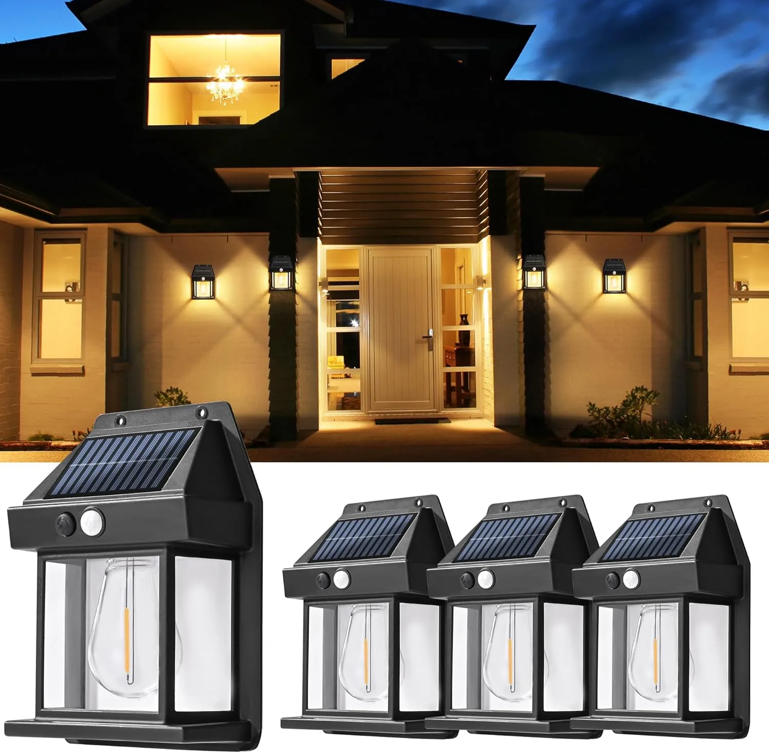 GIGALUMI Solar Wall Lights Outdoor, Dusk to Dawn Motion Sensor Lights Waterproof, 4 Pack Motion Sensor Solar Porch Lights with 3 Modes, for Patio, Garage, Shed