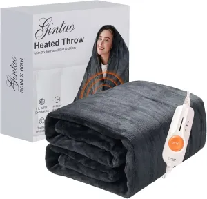 Gintao Electric Heated Blanket Throw,Double Flannel Electric Throw with 3 Heating Levels,ETL&FCC Certified, 4H Auto Off Overheat Protection,Heating Blanket for Home Office,Gifts,50"x60",Gray
