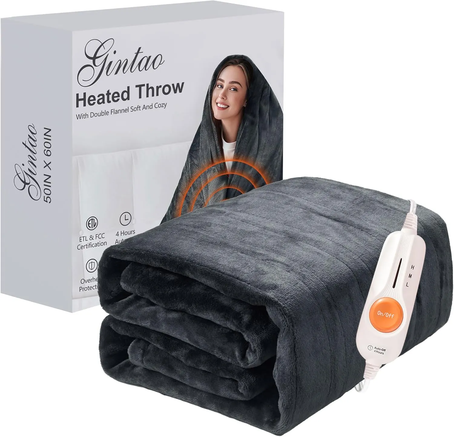 Gintao Electric Heated Blanket Throw,Double Flannel Electric Throw with 3 Heating Levels,ETL&FCC Certified, 4H Auto Off Overheat Protection,Heating Blanket for Home Office,Gifts,50"x60",Gray