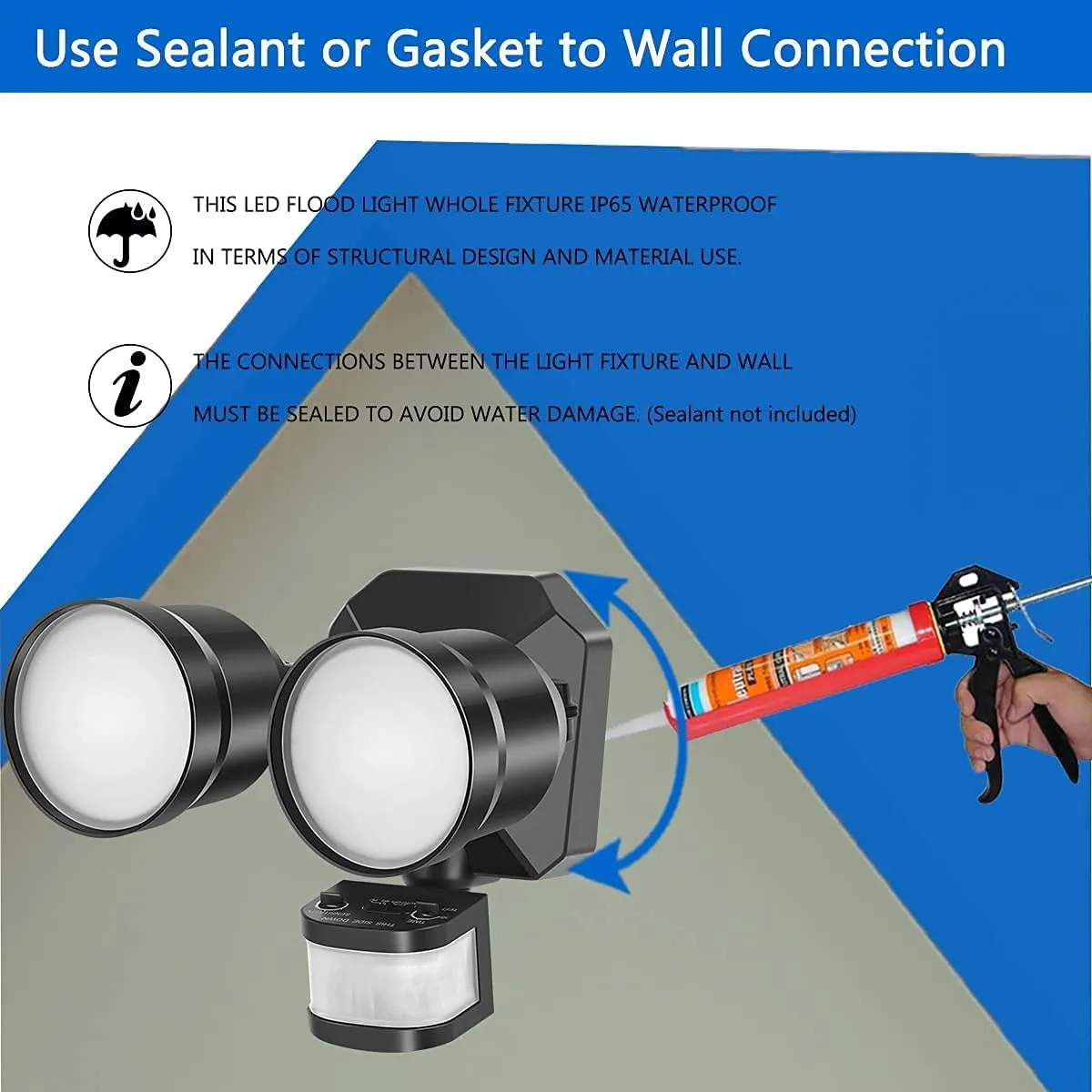 GLEEBOM  Dusk to Dawn Outdoor LED Flood Light Motion Sensor, Stay On or Motion On/Off Security Light, IP65 Waterproof 5000K, 280W Equivalent Eave Mount Spotlight for Garage, Porch, Yard, 1-Pack