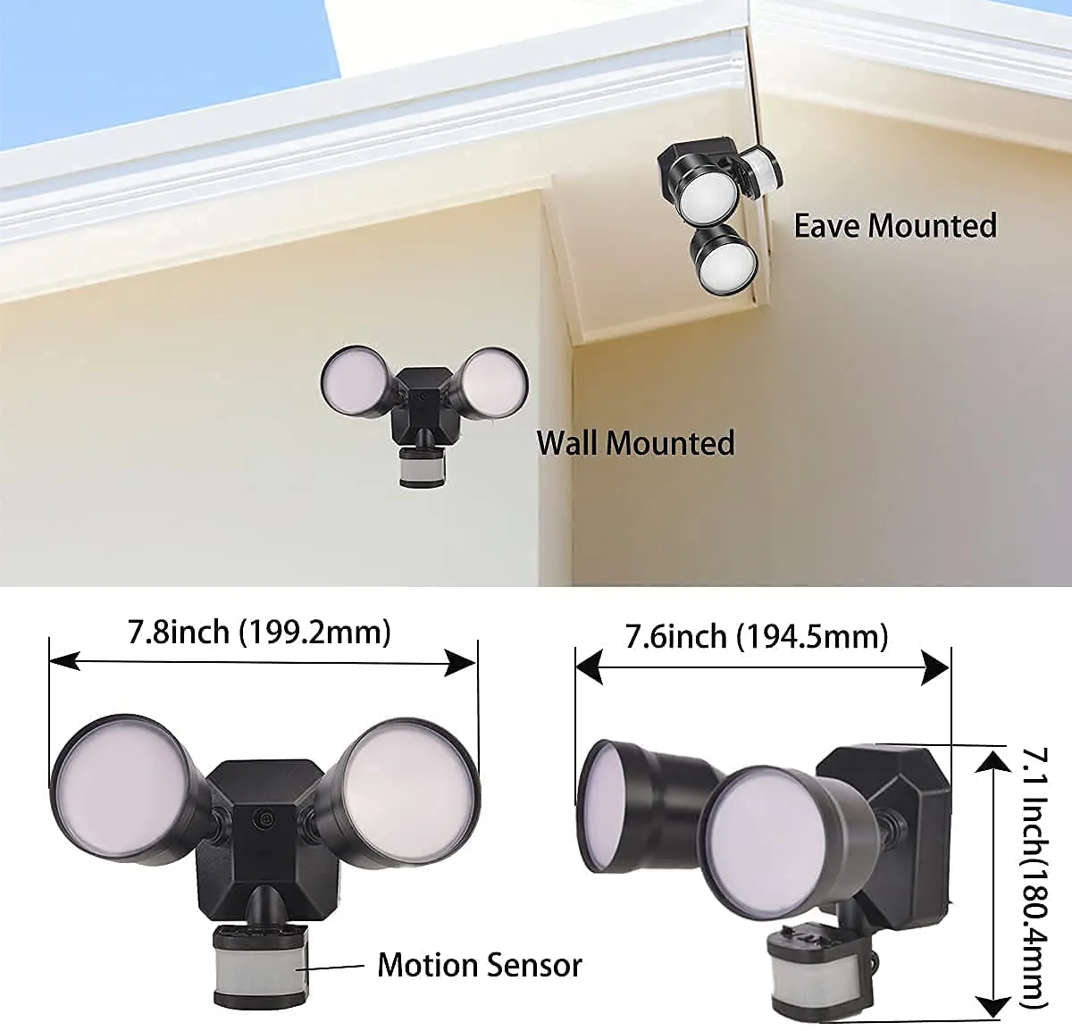 GLEEBOM  Dusk to Dawn Outdoor LED Flood Light Motion Sensor, Stay On or Motion On/Off Security Light, IP65 Waterproof 5000K, 280W Equivalent Eave Mount Spotlight for Garage, Porch, Yard, 1-Pack