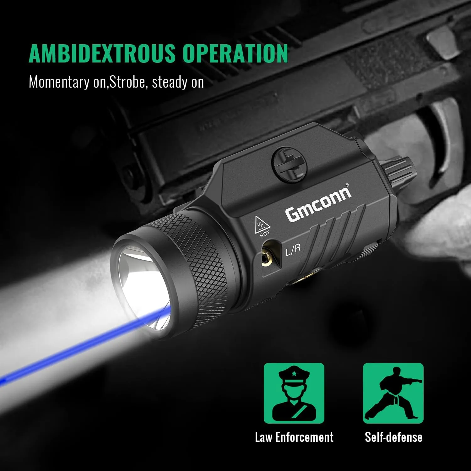Gmconn 1250 Lumen Tactical Flashlight Green Blue Red Laser Light Combo, Rechargeable Pistol Light with Strobe/Momentary Compatible with Picatinny