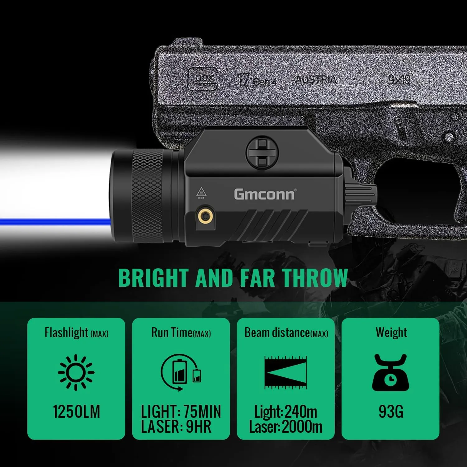 Gmconn 1250 Lumen Tactical Flashlight Green Blue Red Laser Light Combo, Rechargeable Pistol Light with Strobe/Momentary Compatible with Picatinny