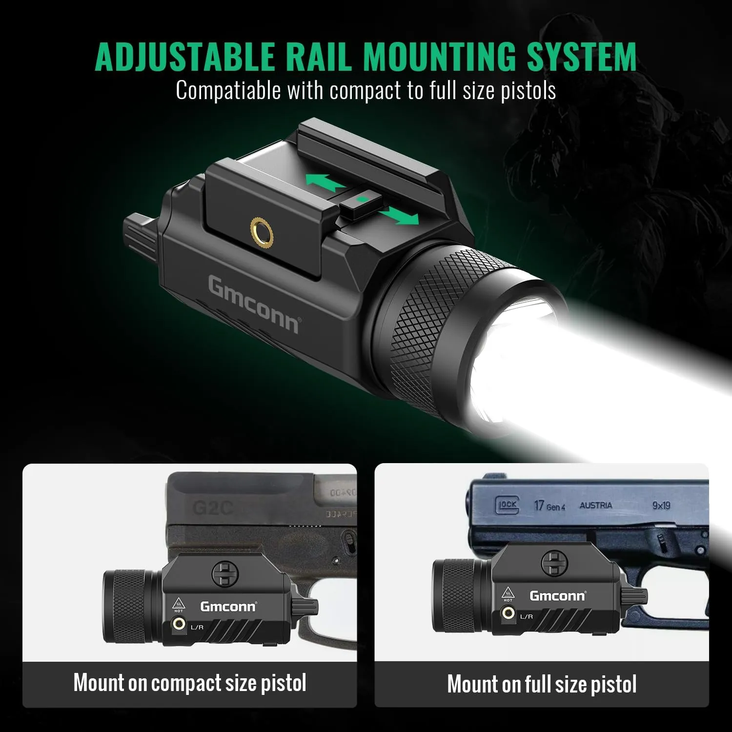 Gmconn 1250 Lumen Tactical Flashlight Green Blue Red Laser Light Combo, Rechargeable Pistol Light with Strobe/Momentary Compatible with Picatinny