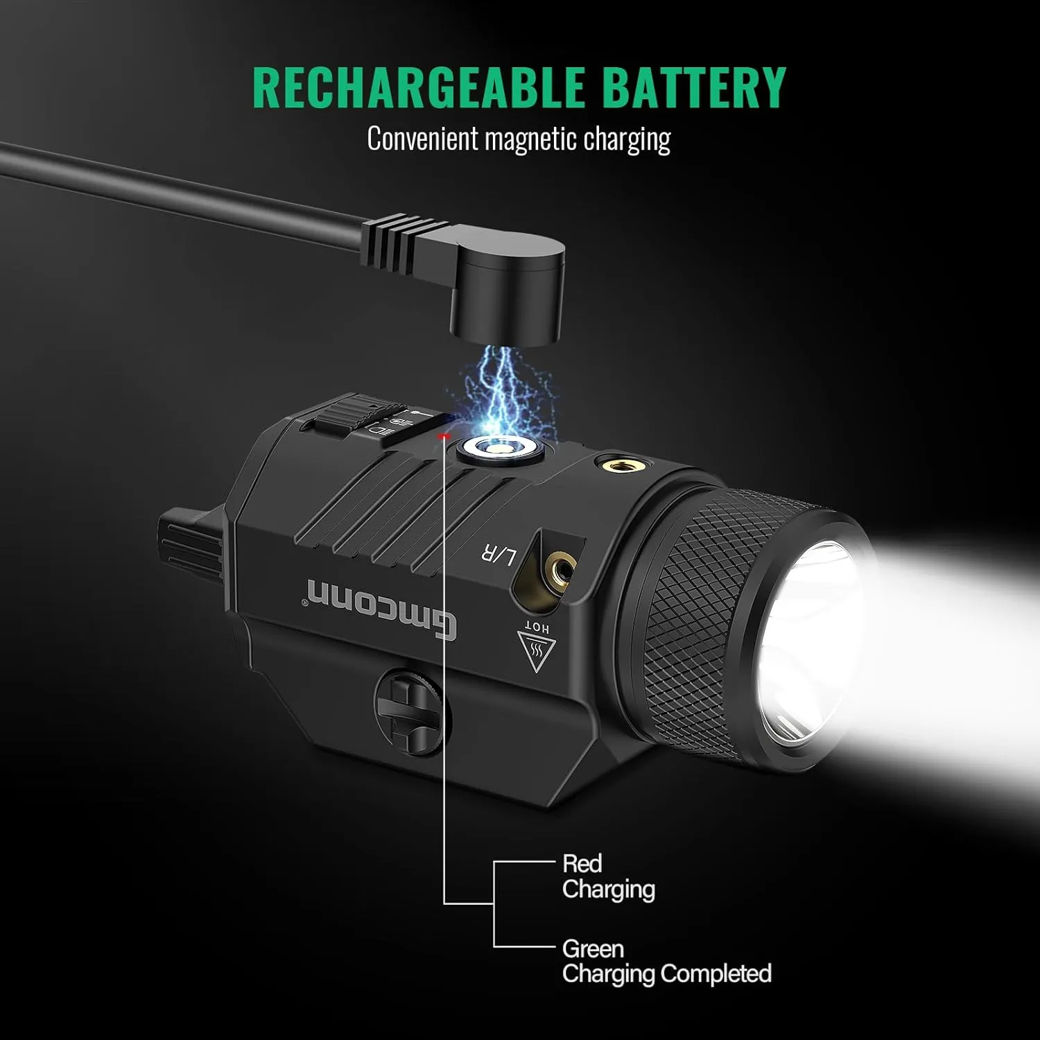 Gmconn 1250 Lumen Tactical Flashlight Green Laser Light Combo, Rechargeable Pistol Light with Strobe/Momentary Compatible with Picatinny