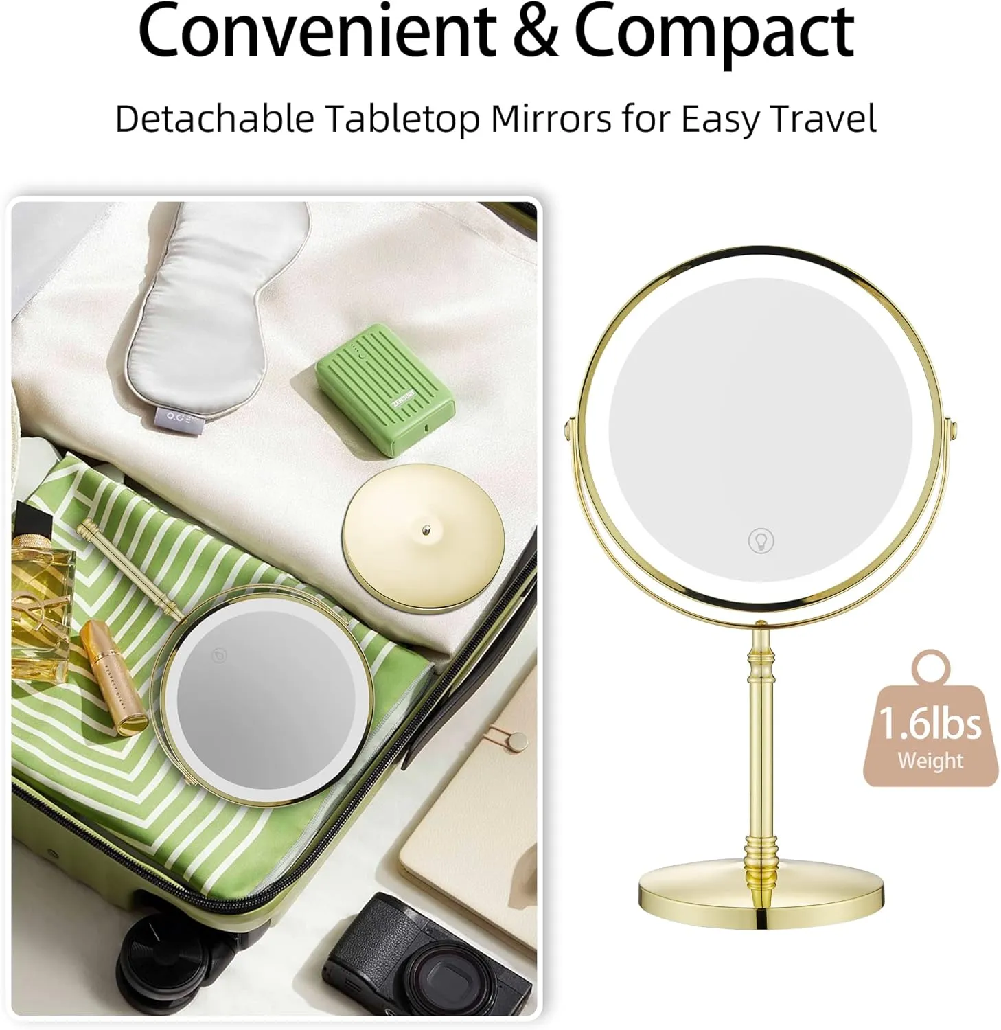 Gold Makeup Mirror with Light 1X/10X Free Standing 8 Inches 360 Swivel Dual-Sided Tabletop Makeup Mirror, Metal