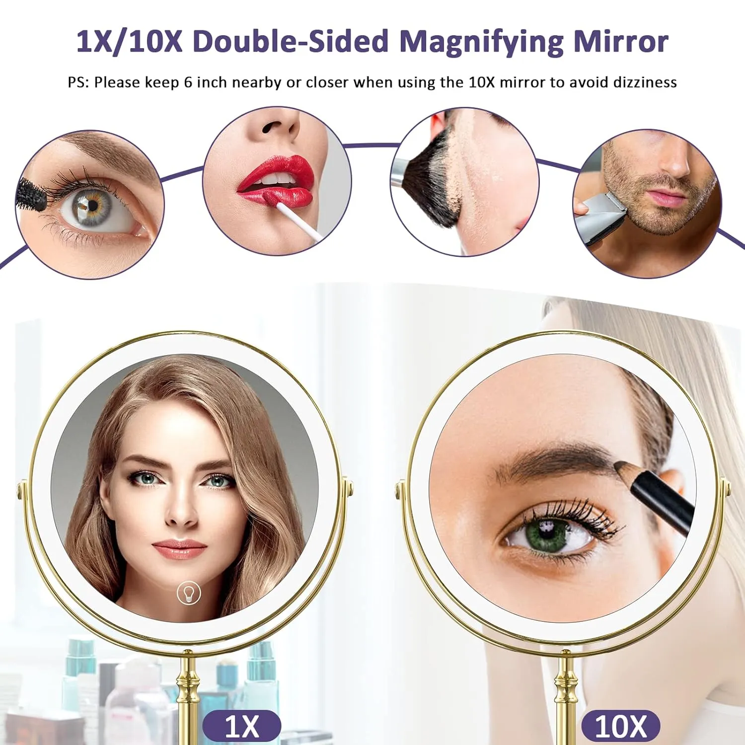Gold Makup Mirror with Lights, 10X Magnifying Lighted Vanity Mirror, 8 Inches 360 Swivel Two-Sided Tabletop Mirror Gold Finish