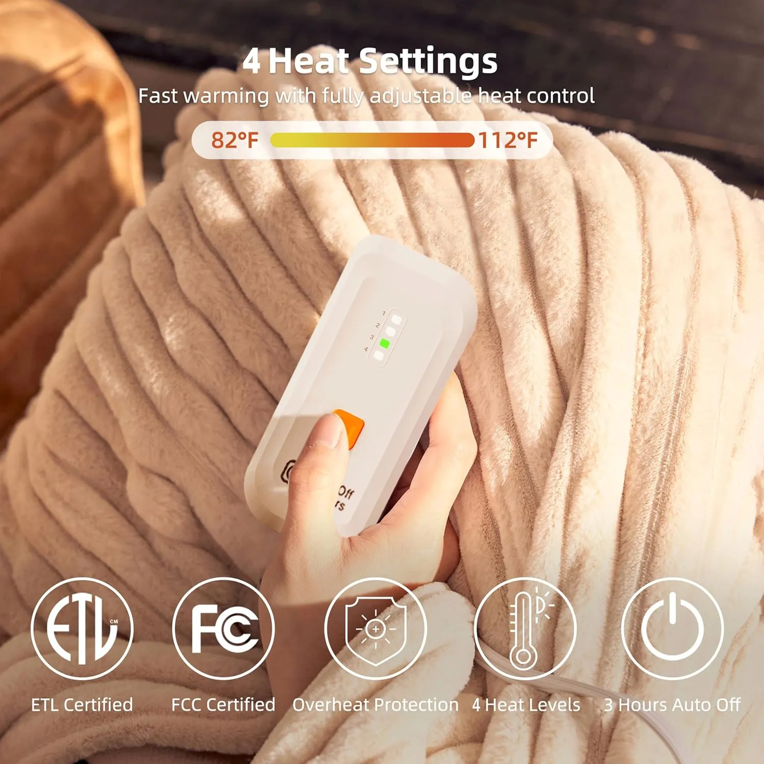 GOTCOZY Electric Blanket Heated Throw 50''X60''- Ribbed Faux Fur Heated Blanket with 4 Heating Level & 3 Hour Auto Off Heating Blanket, ETL&FCC Certified Machine Washable(Eggnog)