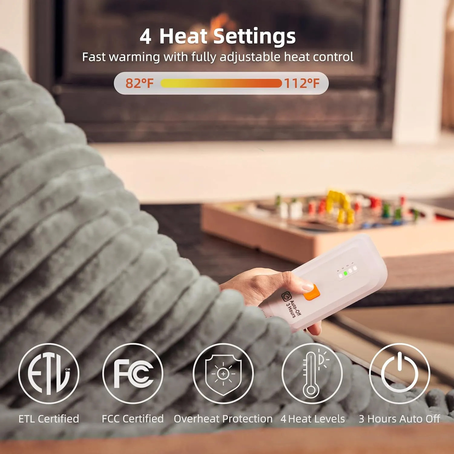 GOTCOZY Electric Blanket Heated Throw 50''X60''- Ribbed Faux Fur Heated Blanket with 4 Heating Level & 3 Hour Auto Off Heating Blanket, ETL&FCC Certified Machine Washable(Gray)