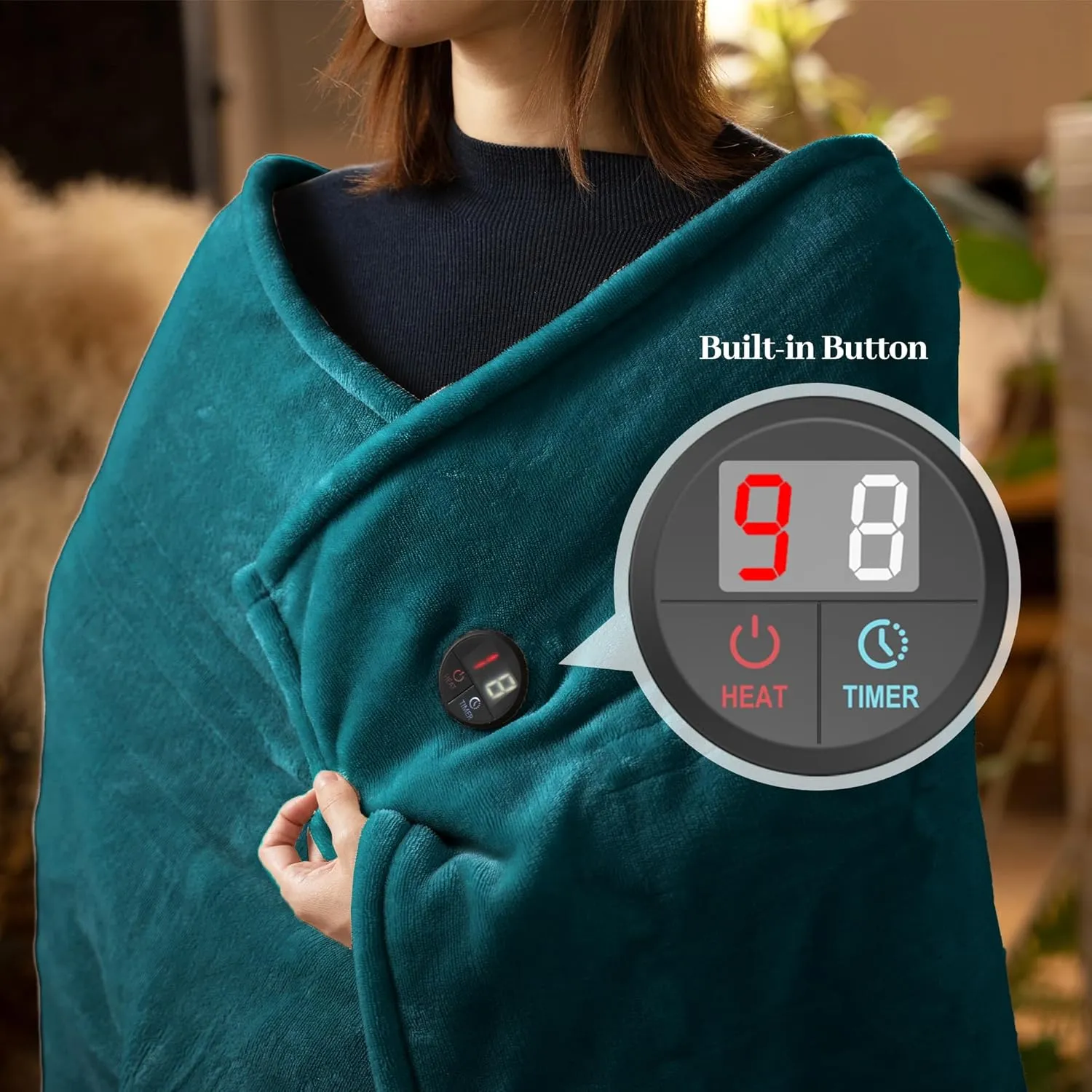 GOTCOZY Heated Blanket Electric Throw 50''X60''- Electric Throw Blanket with One Touch Button 10 Heating Level & 9 Time Settings Heating Blanket, Machine Washable (Blue)