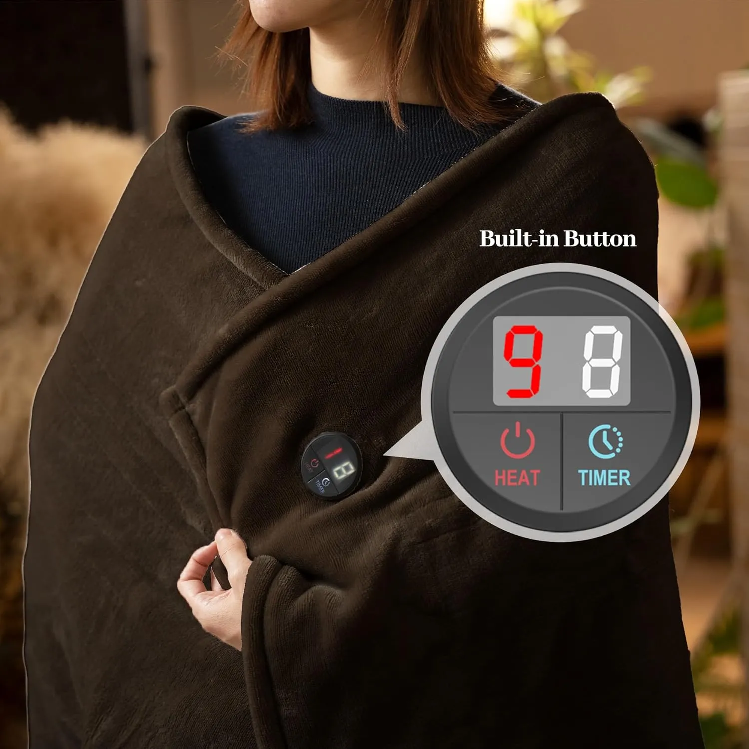 GOTCOZY Heated Blanket Electric Throw 50''X60''- Electric Throw Blanket with One Touch Button 10 Heating Level & 9 Time Settings Heating Blanket, Machine Washable (Brown)