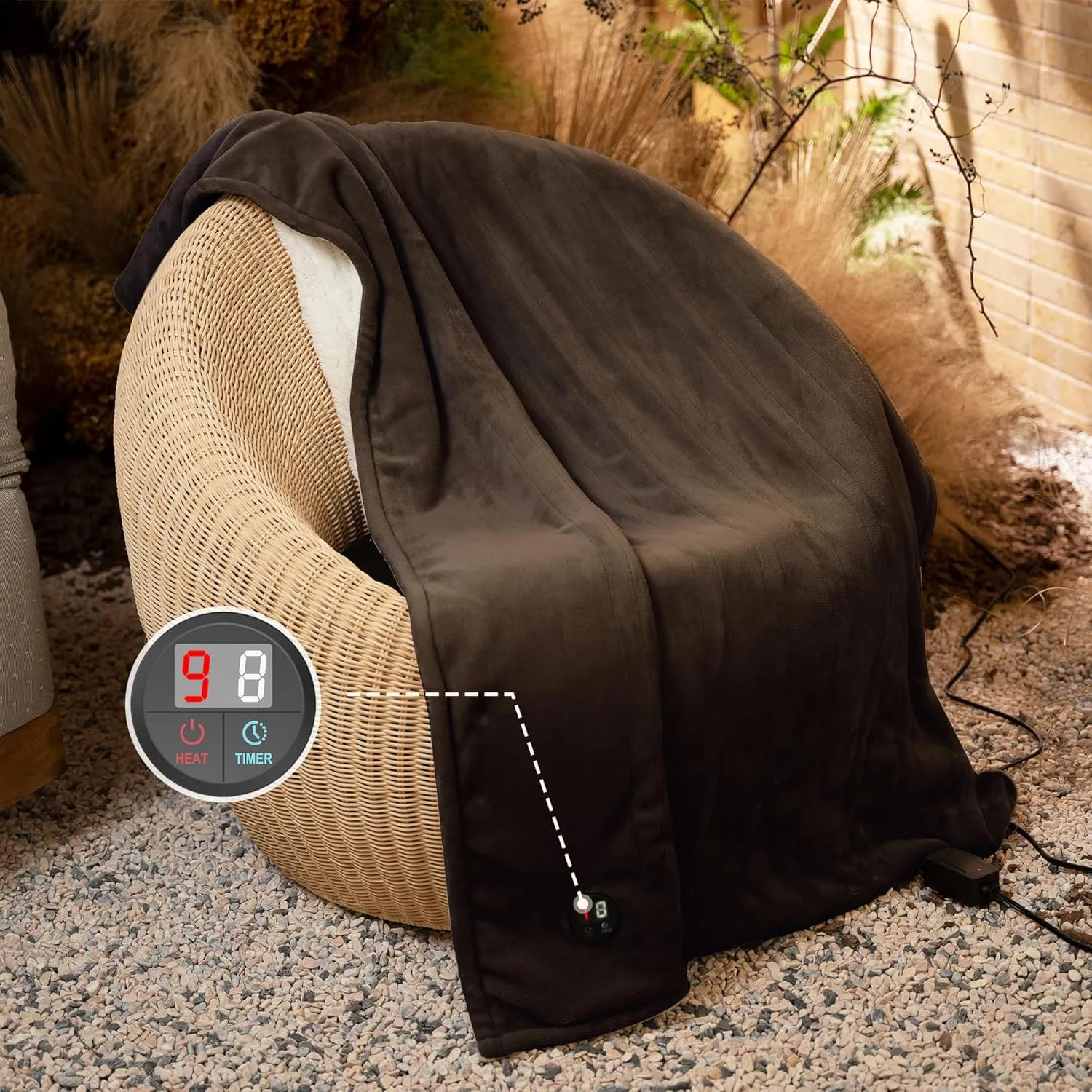 GOTCOZY Heated Blanket Electric Throw 50''X60''- Electric Throw Blanket with One Touch Button 10 Heating Level & 9 Time Settings Heating Blanket, Machine Washable (Brown)