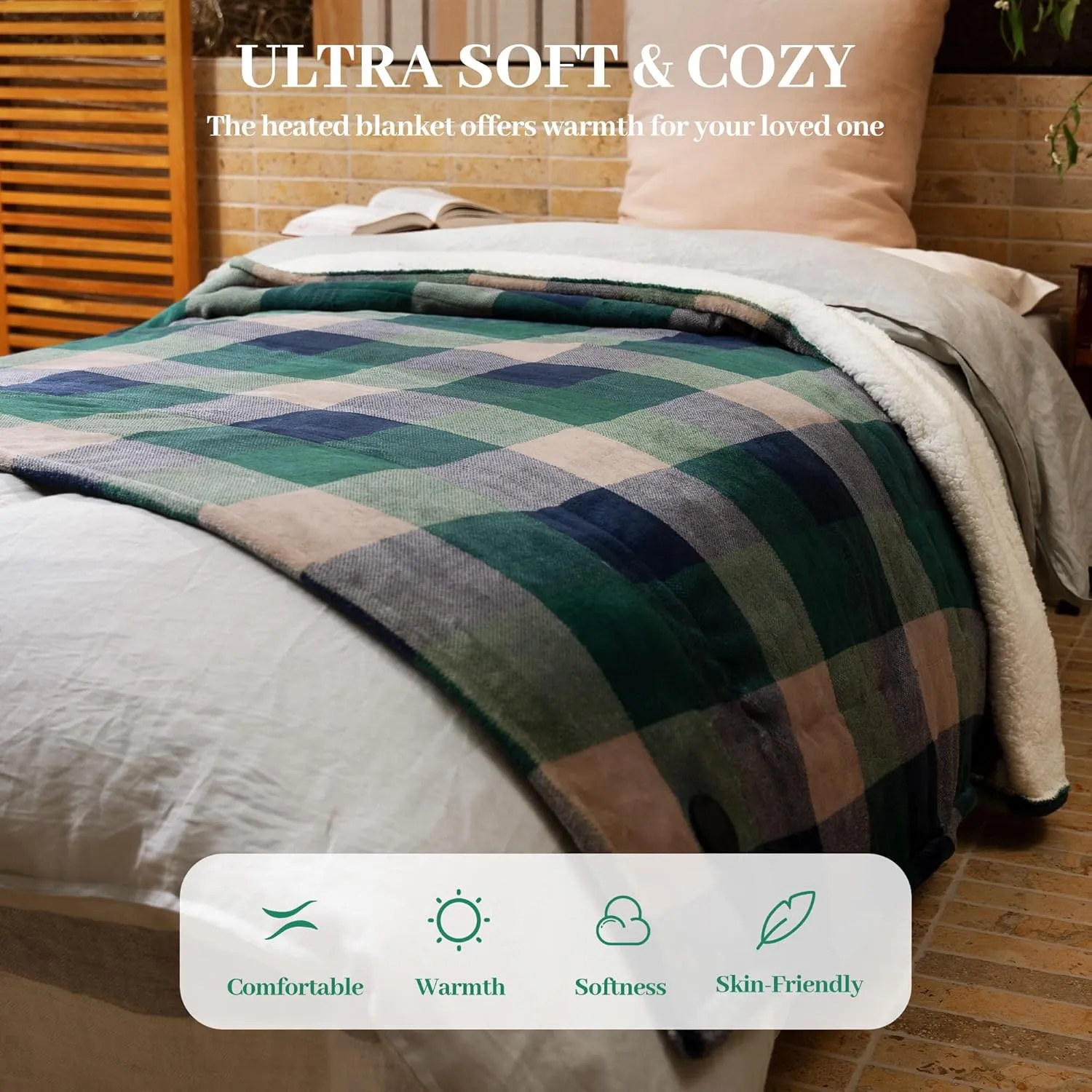 GOTCOZY Heated Blanket Electric Throw 50''X60''- Electric Throw Blanket with One Touch Button 10 Heating Level & 9 Time Settings Heating Blanket, Machine Washable (Check GreenBlue)