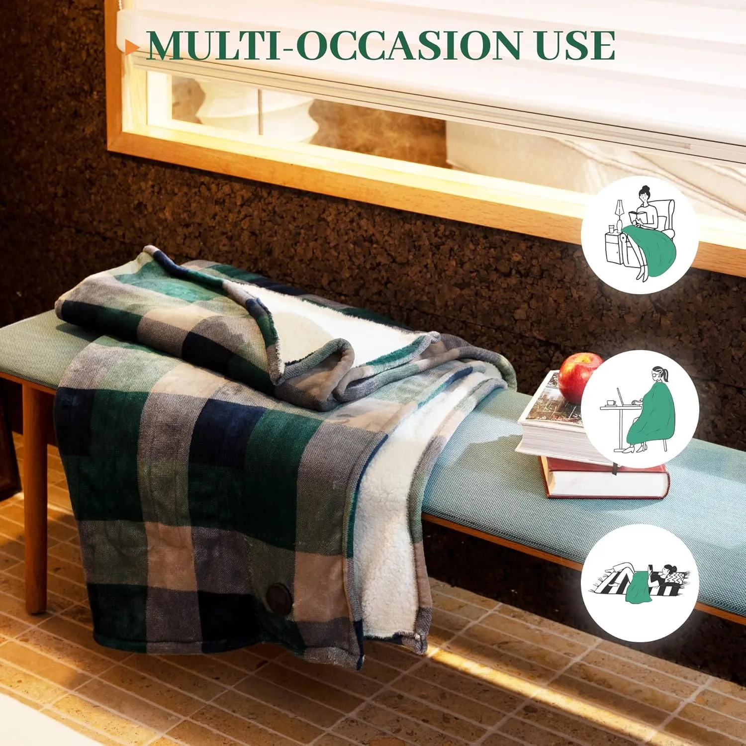 GOTCOZY Heated Blanket Electric Throw 50''X60''- Electric Throw Blanket with One Touch Button 10 Heating Level & 9 Time Settings Heating Blanket, Machine Washable (Check GreenBlue)