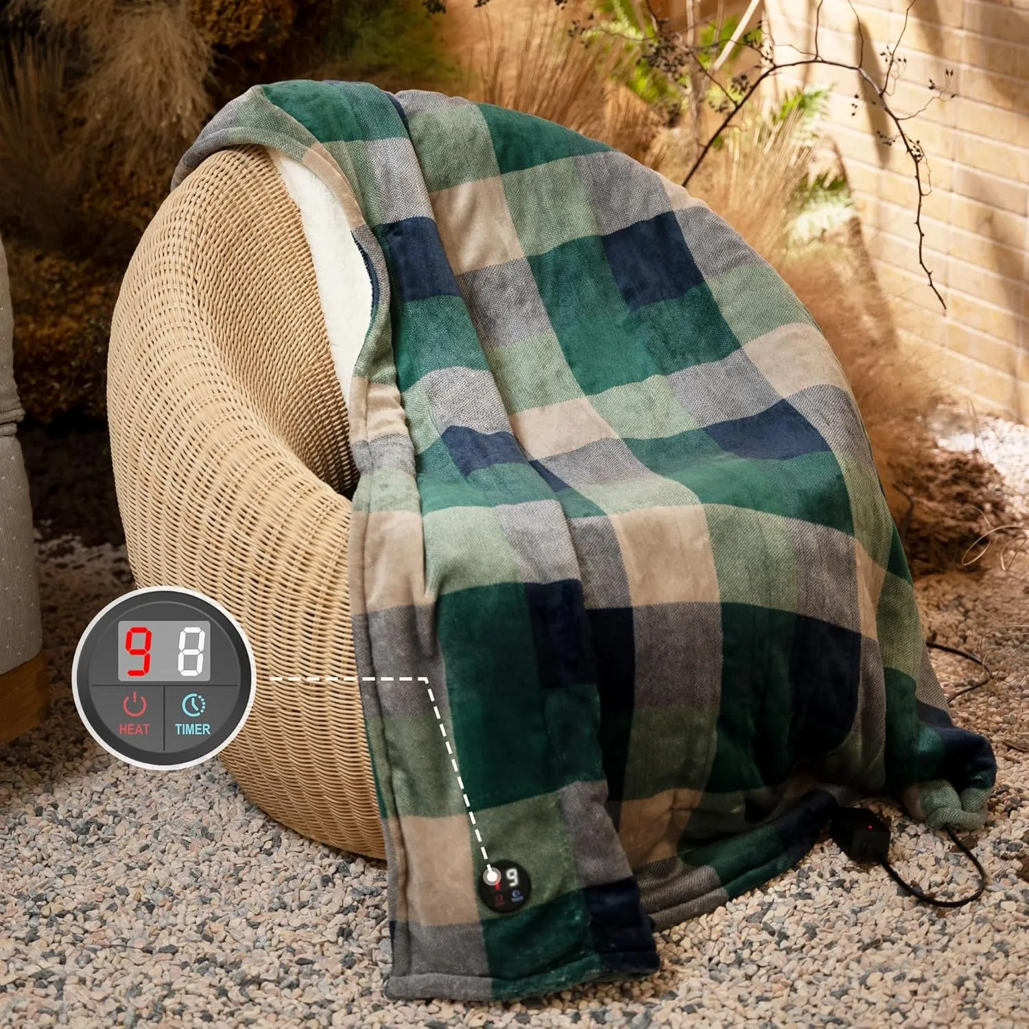 GOTCOZY Heated Blanket Electric Throw 50''X60''- Electric Throw Blanket with One Touch Button 10 Heating Level & 9 Time Settings Heating Blanket, Machine Washable (Check GreenBlue)