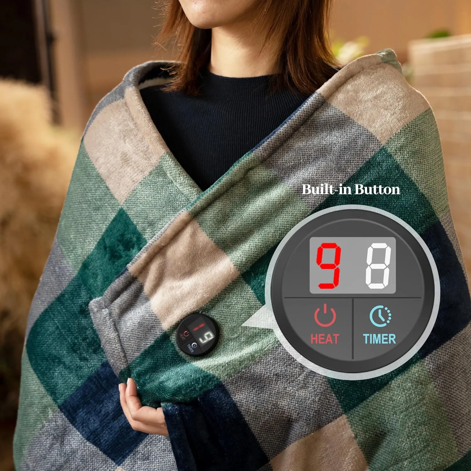 GOTCOZY Heated Blanket Electric Throw 50''X60''- Electric Throw Blanket with One Touch Button 10 Heating Level & 9 Time Settings Heating Blanket, Machine Washable (Check GreenBlue)
