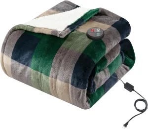 GOTCOZY Heated Blanket Electric Throw 50''X60''- Electric Throw Blanket with One Touch Button 10 Heating Level & 9 Time Settings Heating Blanket, Machine Washable (Check GreenBlue)