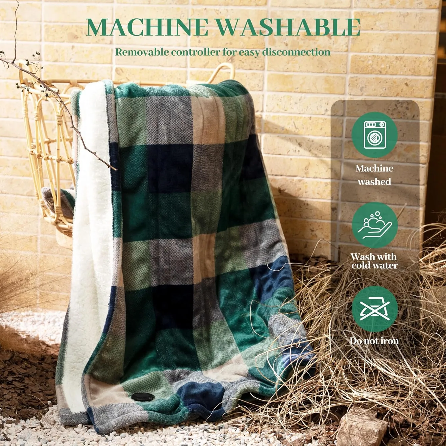 GOTCOZY Heated Blanket Electric Throw 50''X60''- Electric Throw Blanket with One Touch Button 10 Heating Level & 9 Time Settings Heating Blanket, Machine Washable (Check GreenBlue)