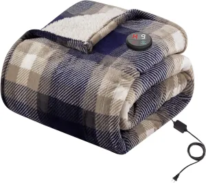 GOTCOZY Heated Blanket Electric Throw 50''X60''- Electric Throw Blanket with One Touch Button 10 Heating Level & 9 Time Settings Heating Blanket, Machine Washable (Check Navy)