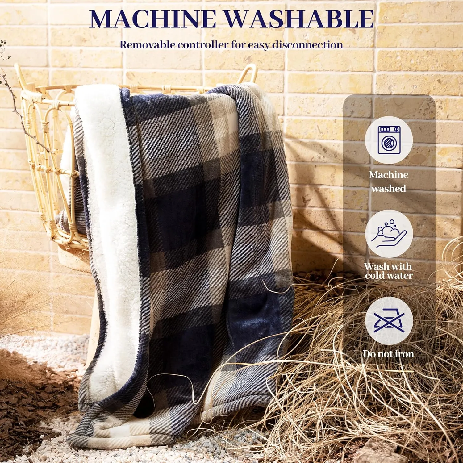 GOTCOZY Heated Blanket Electric Throw 50''X60''- Electric Throw Blanket with One Touch Button 10 Heating Level & 9 Time Settings Heating Blanket, Machine Washable (Check Navy)