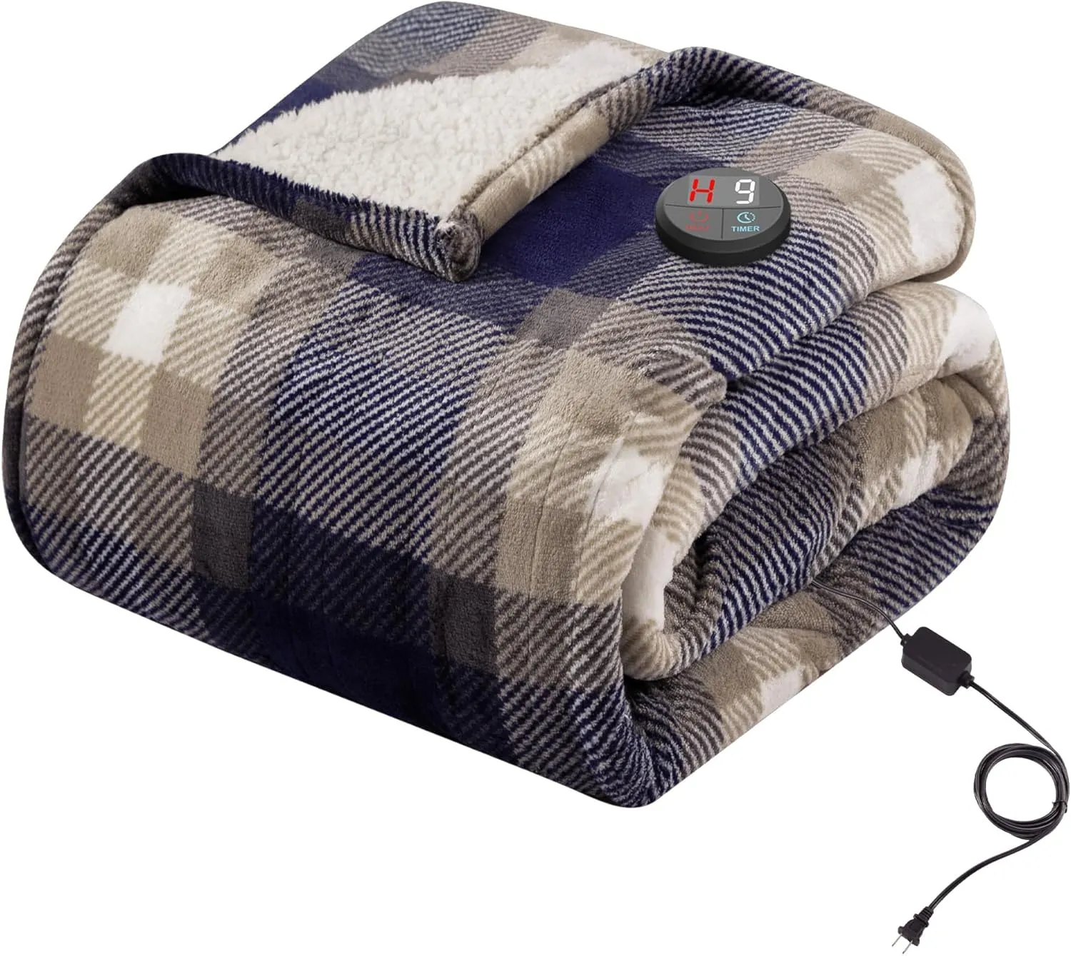 GOTCOZY Heated Blanket Electric Throw 50''X60''- Electric Throw Blanket with One Touch Button 10 Heating Level & 9 Time Settings Heating Blanket, Machine Washable (Check Navy)
