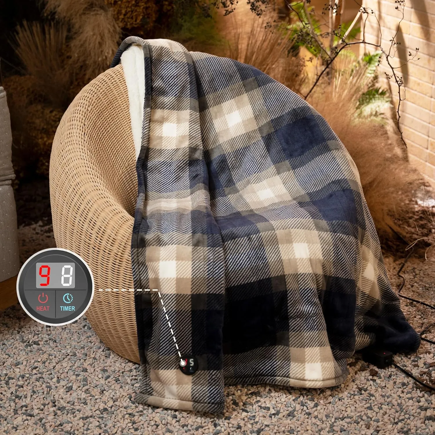 GOTCOZY Heated Blanket Electric Throw 50''X60''- Electric Throw Blanket with One Touch Button 10 Heating Level & 9 Time Settings Heating Blanket, Machine Washable (Check Navy)